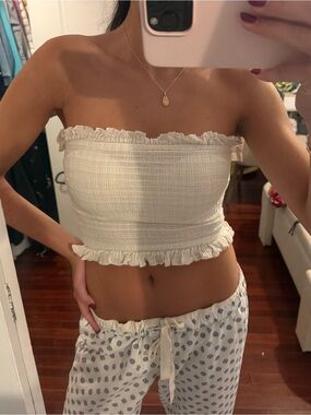 Urban Outfitters White Smocked Ruffle Strapless Crop Top